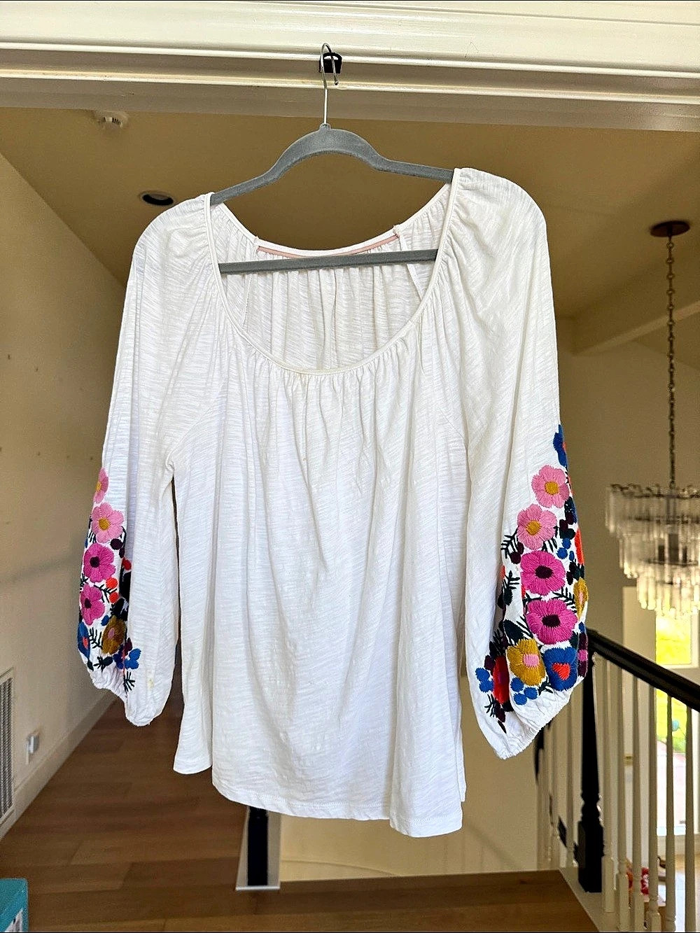 Boden Rosie Embroidered Jersey Top Floral Blouse White & Pink US 10